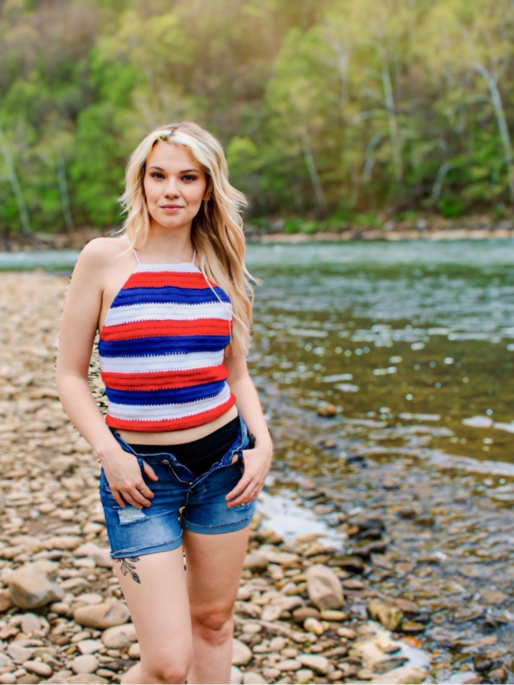 Patriotic crocheted Halter Crop Top - Red, White & Blue